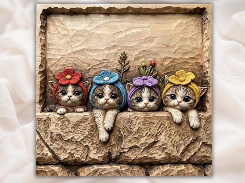Bas-relief carving of four kittens in red, blue, purple, and yellow flower hats peeking over a stone wall