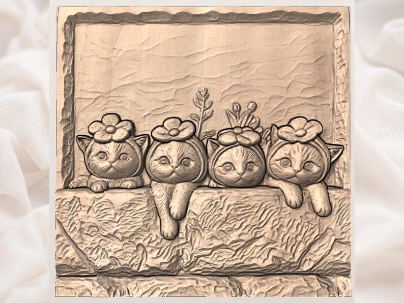 Four Kittens in Flower Hats Peeking Over a Stone Wall STL bas-relief STL — view 2