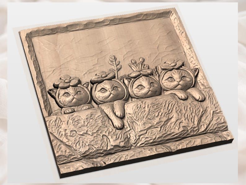 Four Kittens in Flower Hats Peeking Over a Stone Wall STL bas-relief STL — view 3