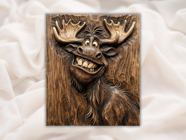 Carved wood bas-relief of a grinning cartoon moose with big antlers, toothy smile, and detailed fur