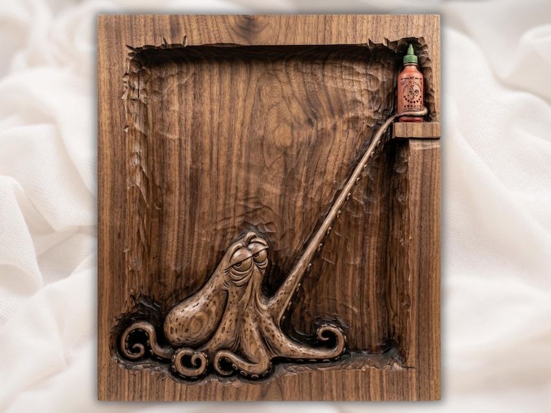 Carved wood relief of a tired octopus stretching a tentacle to a hot sauce bottle on a shelf