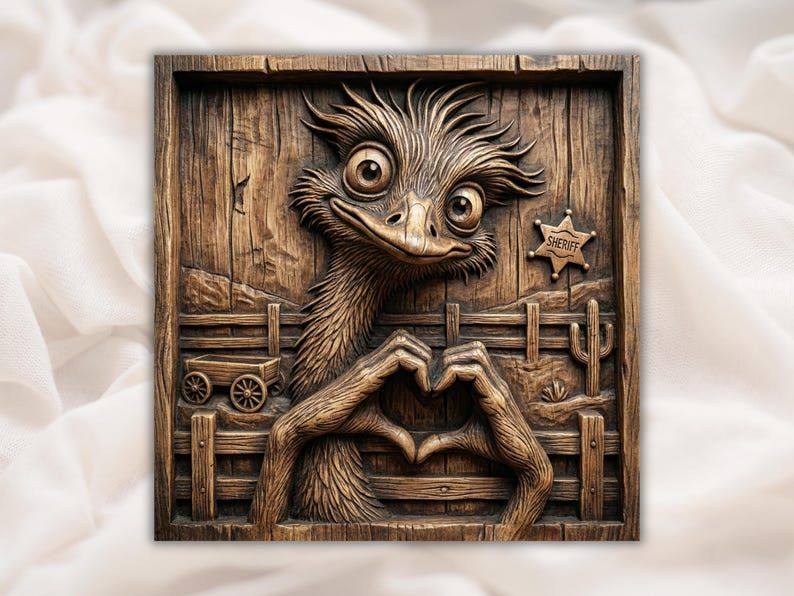 Carved wood bas-relief of a cartoon ostrich making heart hands with a sheriff star, cactus, and fence