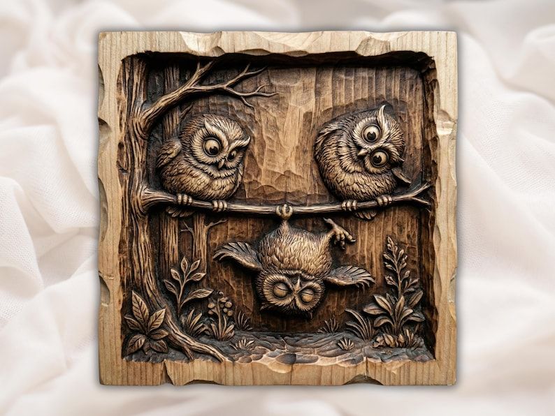 Bas-relief wood carving of three owls, two on a branch and one hanging upside down, framed by a tree and leaves.