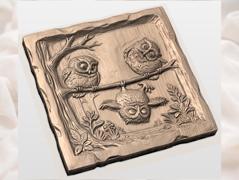 Three Playful Owls on a Branch Bas-Relief STL Carving bas-relief STL — view 2