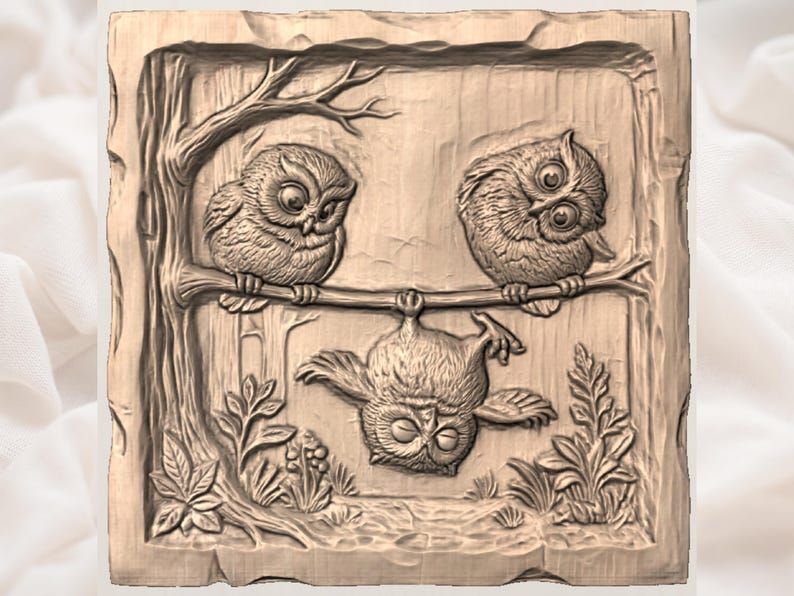 Three Playful Owls on a Branch Bas-Relief STL Carving bas-relief STL — view 3