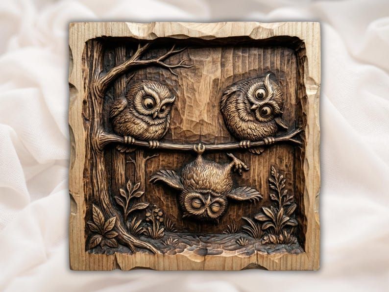 Three Playful Owls on a Branch Bas-Relief STL Carving bas-relief STL design