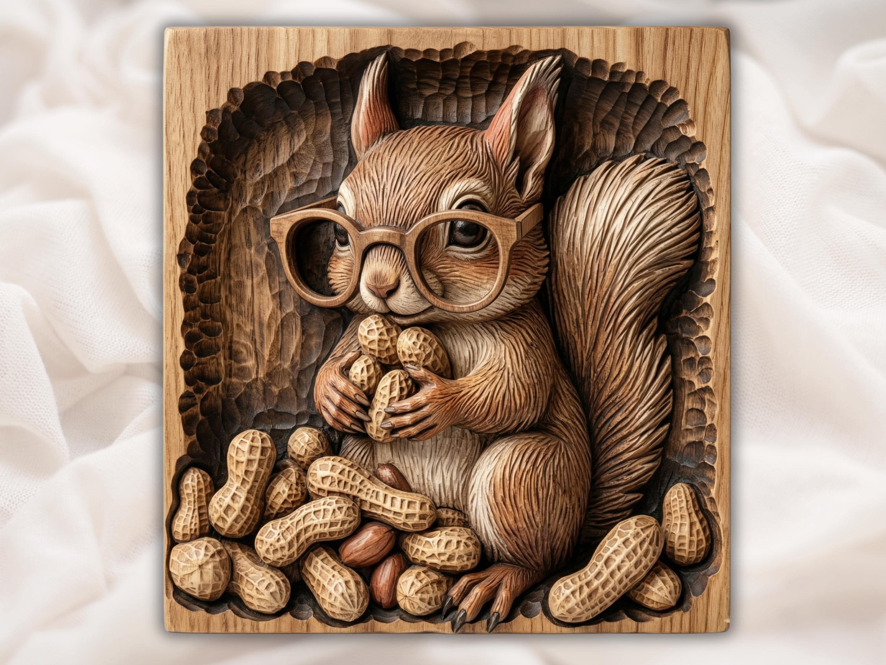 Carved wood bas-relief of a squirrel wearing oversized glasses, holding peanuts, with peanut shells piled at its feet