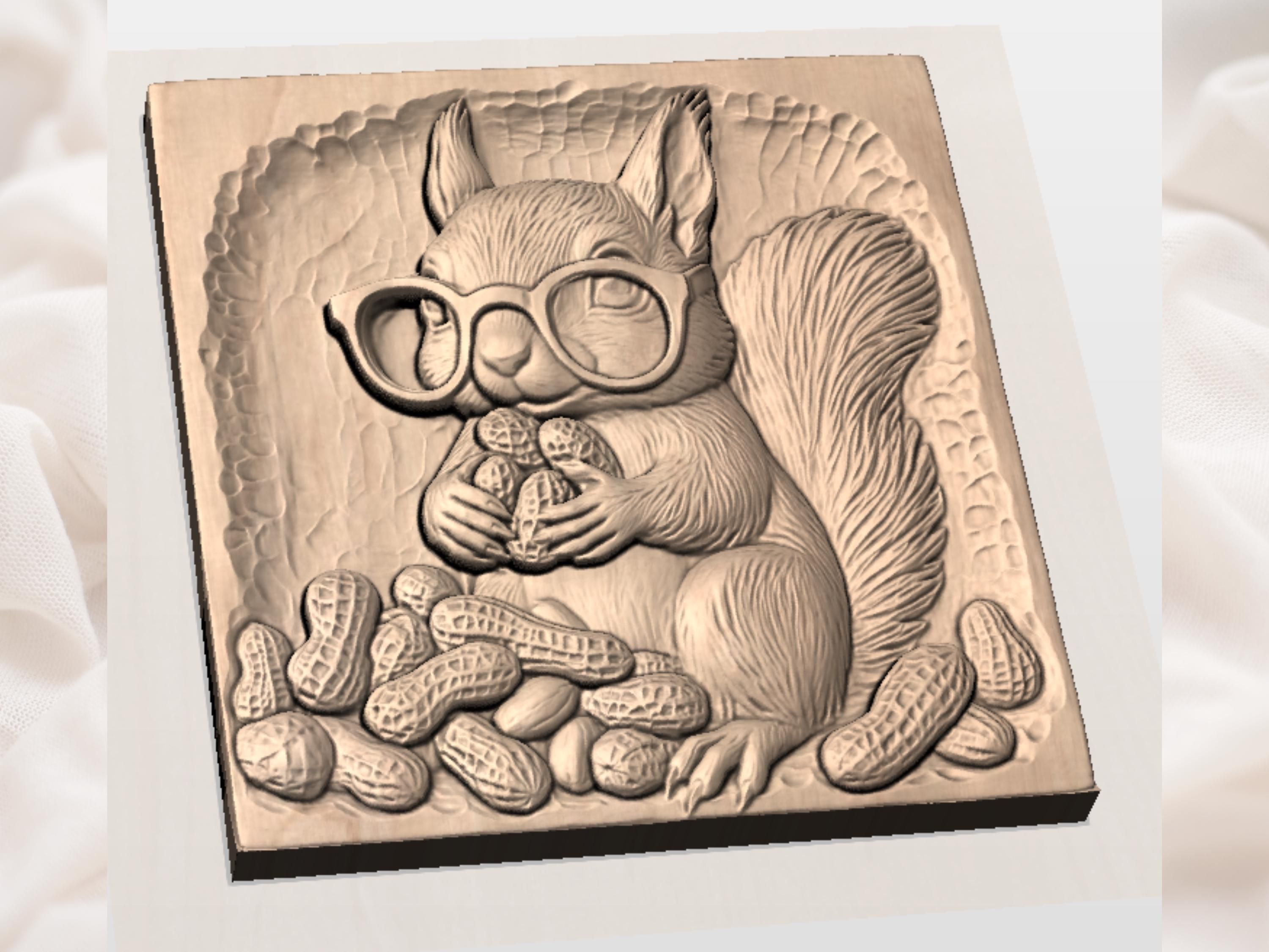 Bespectacled Squirrel Hoarding Peanuts Bas-Relief STL bas-relief STL — view 2