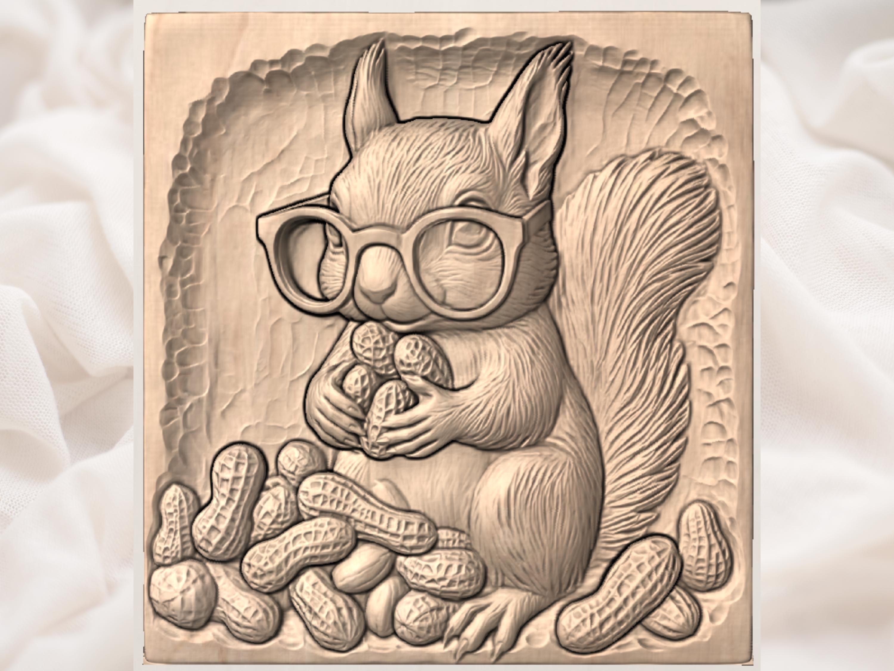 Bespectacled Squirrel Hoarding Peanuts Bas-Relief STL bas-relief STL — view 3