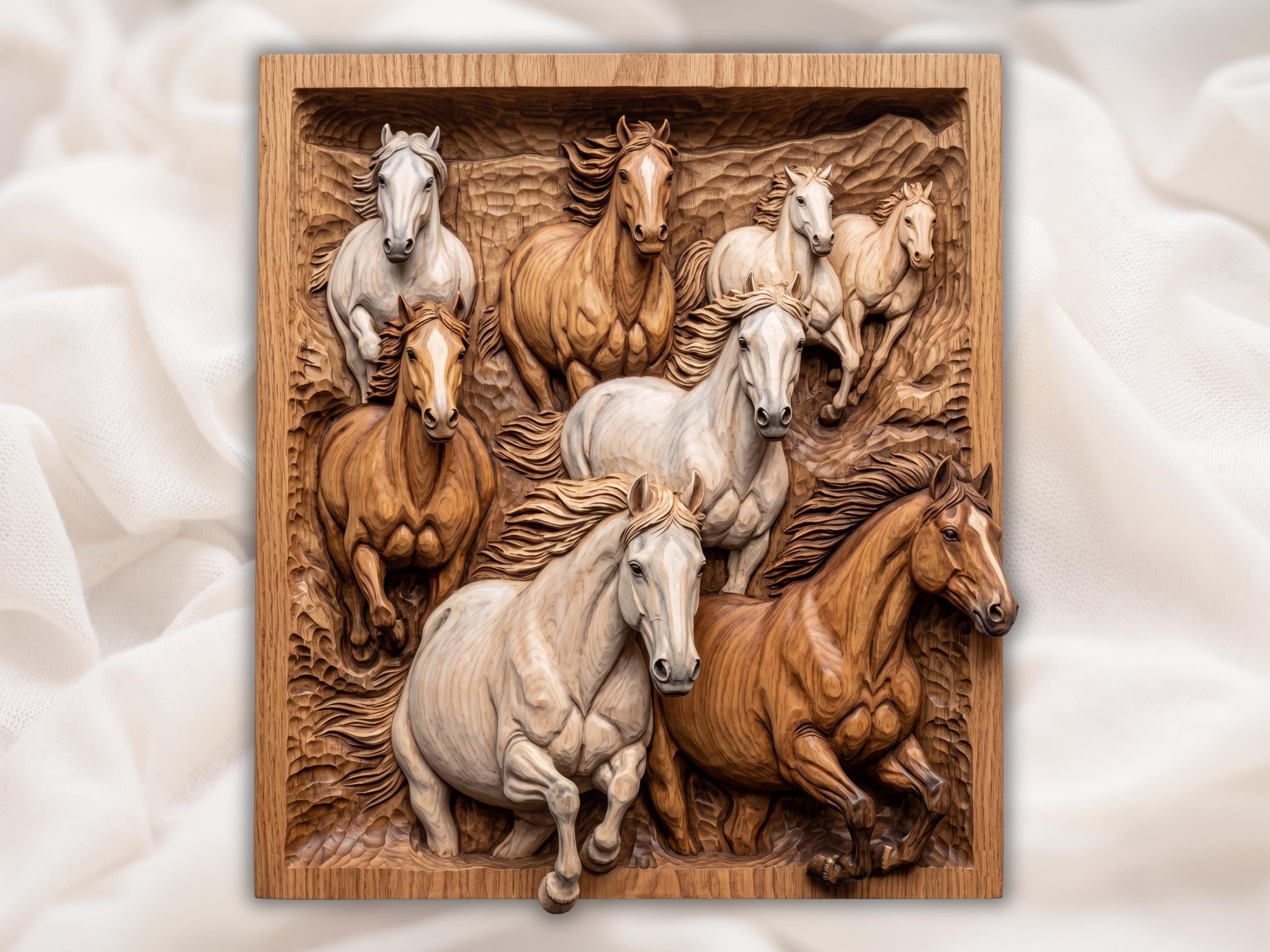 Carved wood bas-relief of four galloping horses with flowing manes, mix of light and dark coats, mid-stride
