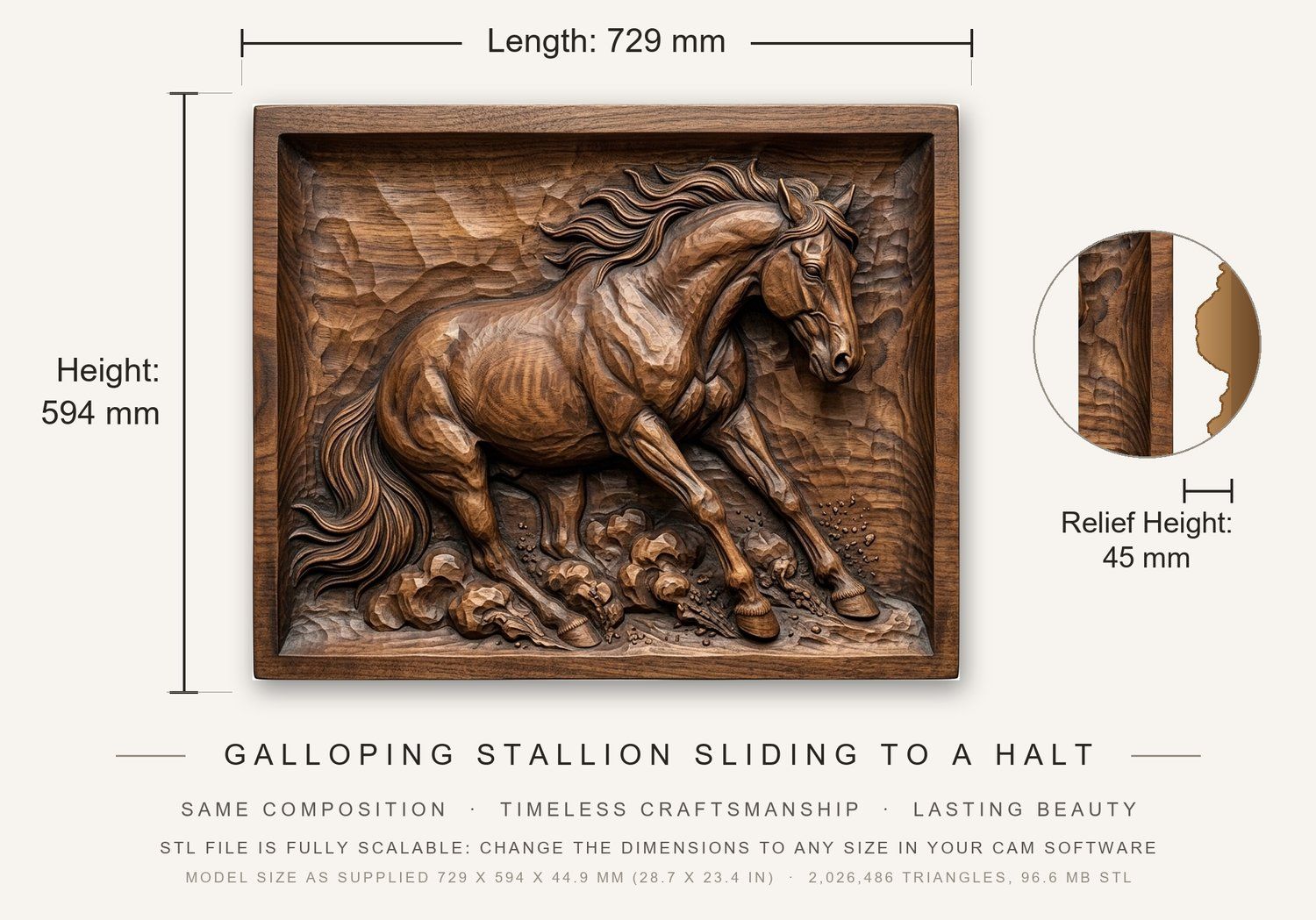 Galloping Stallion Sliding To A Halt CNC Relief STL bas-relief STL — view 3