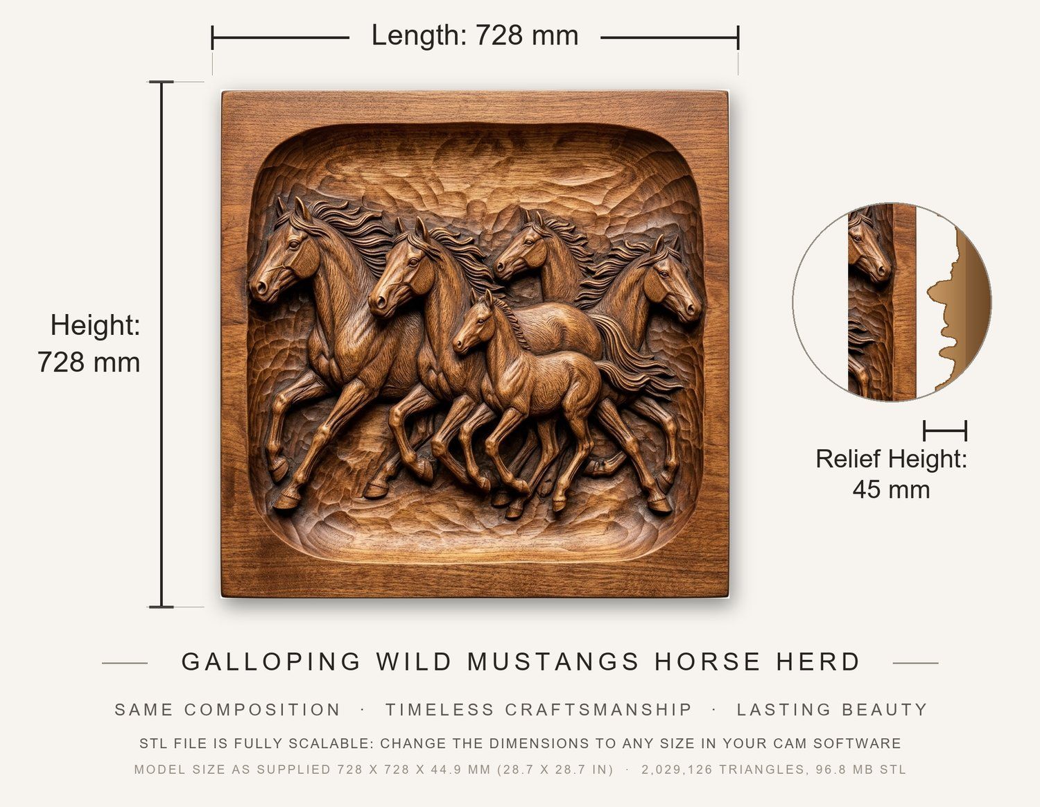 Galloping Wild Mustangs Horse Herd CNC Relief STL bas-relief STL — view 3