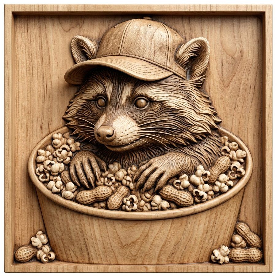 Game Day Raccoon Snack Bucket CNC Relief STL | Whimsical Wildlife Wall Art | Sports Fan Wood Carving Design — carved bas relief STL file for CNC