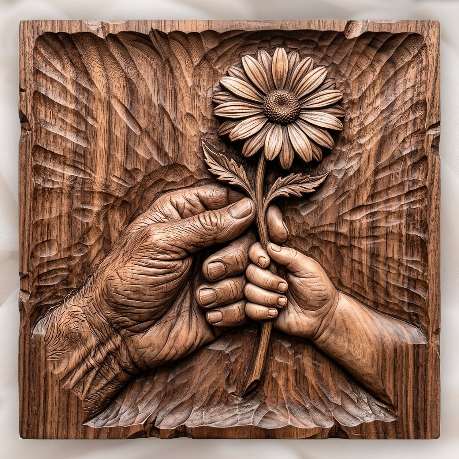 Generational Hands Holding Flower CNC Relief STL | Family Heritage Wall Art | Grandparent Gift Design — carved bas relief STL file for CNC