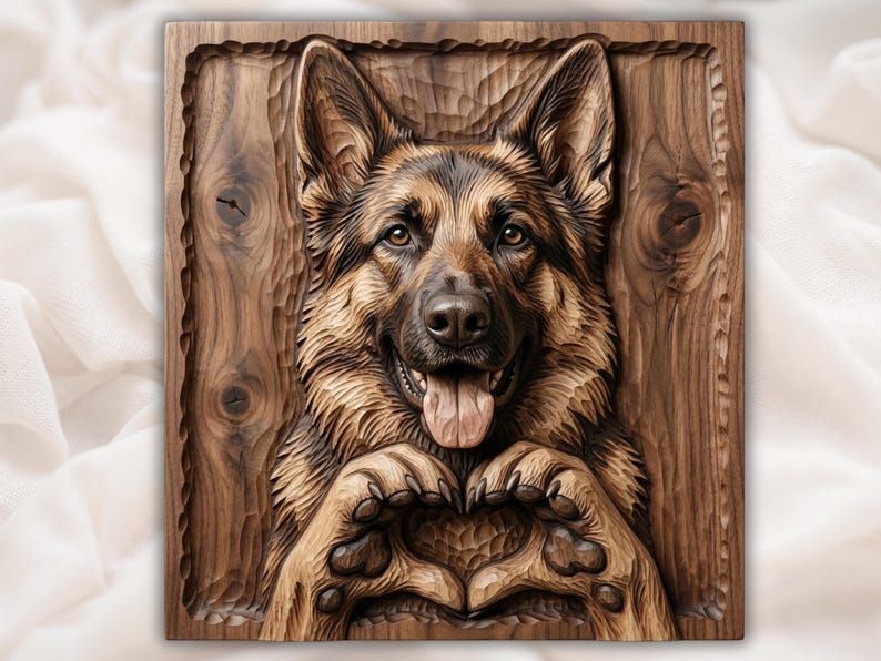 Carved wood bas-relief of a German Shepherd with paws forming a heart below its face