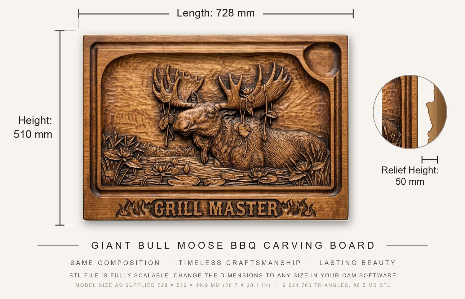 Giant Bull Moose BBQ Carving Board CNC Relief STL bas-relief STL — view 3