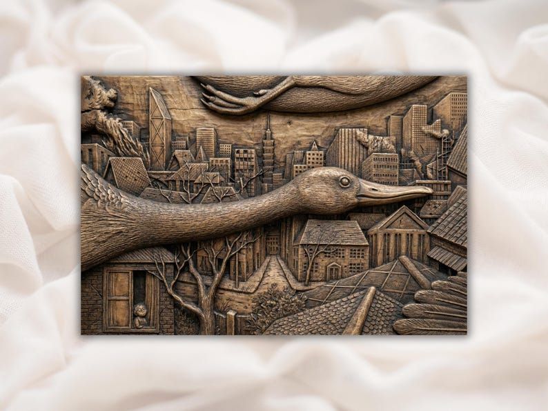 Bas-relief wood carving of a giant duck gliding over a detailed city skyline with houses, trees, and skyscrapers