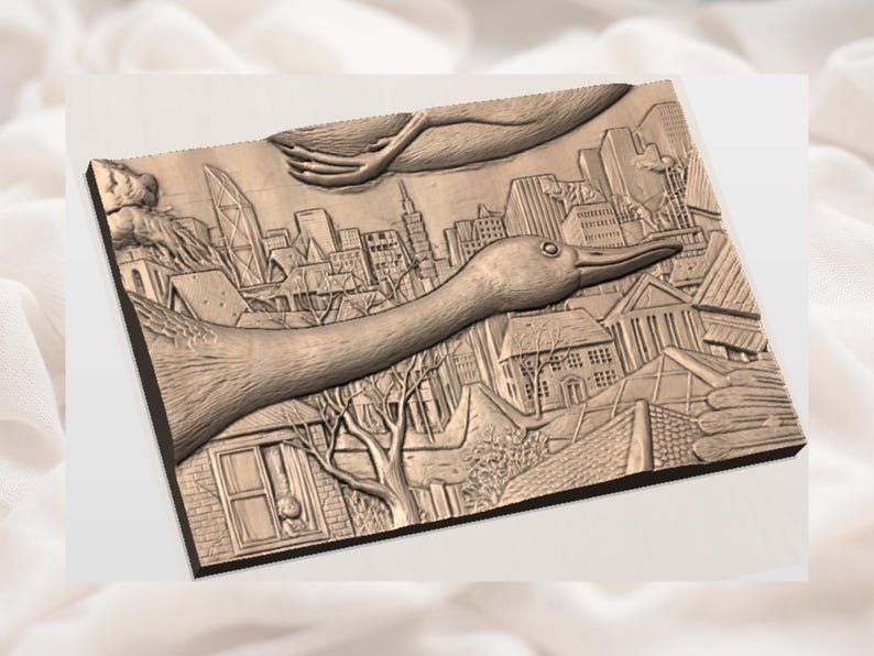 Surreal Duck Gliding Over a City Skyline Bas-Relief STL bas-relief STL — view 2