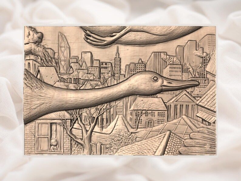 Surreal Duck Gliding Over a City Skyline Bas-Relief STL bas-relief STL — view 3