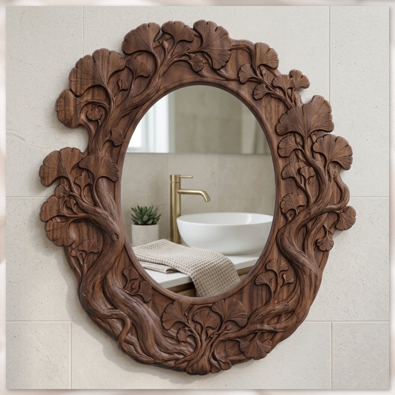 Ginkgo Leaf Upright Oval Wall Mirror Frame CNC Relief STL | Art Nouvea