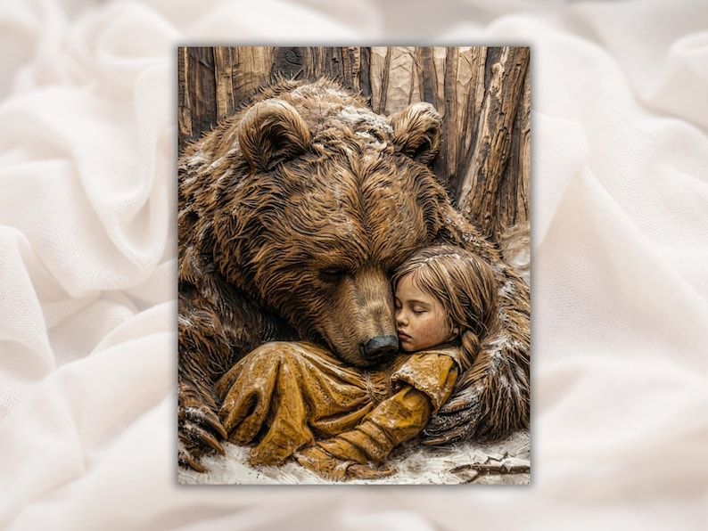 Bas-relief carving of a sleeping girl resting against a large bear among forest trees.