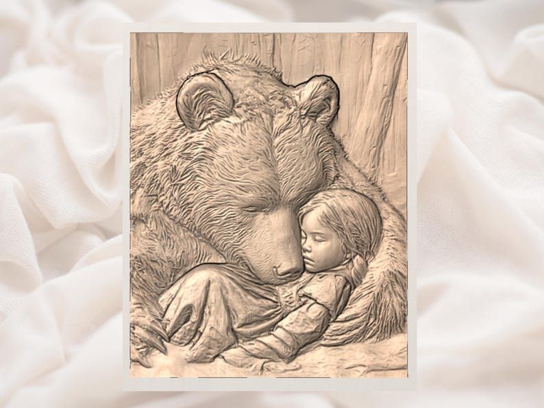Sleeping Girl Resting on a Bear in the Woods Relief STL bas-relief STL — view 2