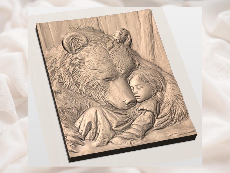 Sleeping Girl Resting on a Bear in the Woods Relief STL bas-relief STL — view 3