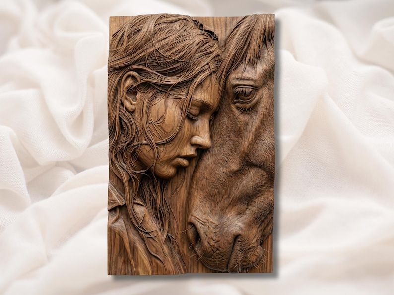 Carved wood bas-relief of a girl resting her face against a horse, eyes closed, flowing hair blending into the mane