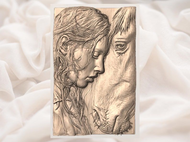 Girl Resting Her Head on a Horse Bas-Relief STL bas-relief STL — view 2