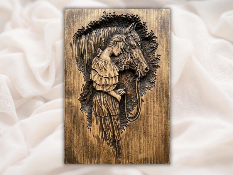 Bas-relief wood carving of a girl resting against a horse's head with leafy background