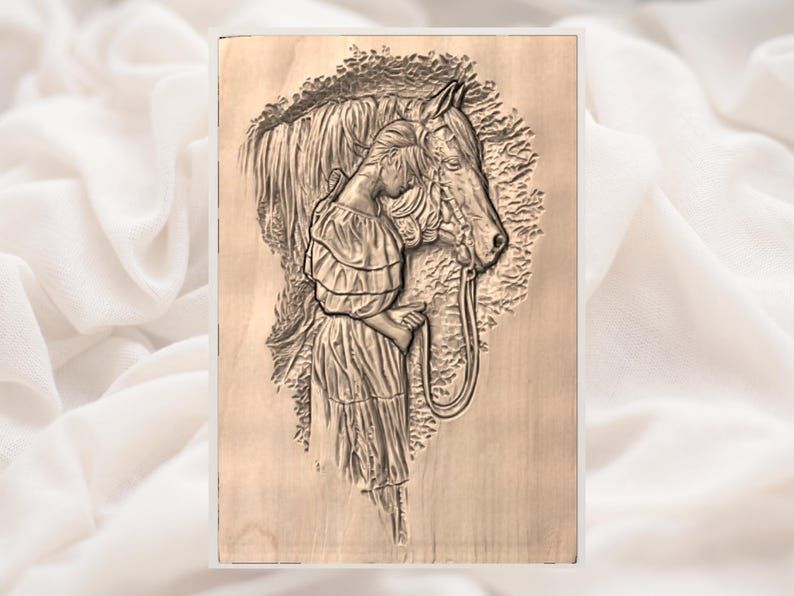 Young Woman Embracing Her Horse Bas-Relief STL Carving bas-relief STL — view 2