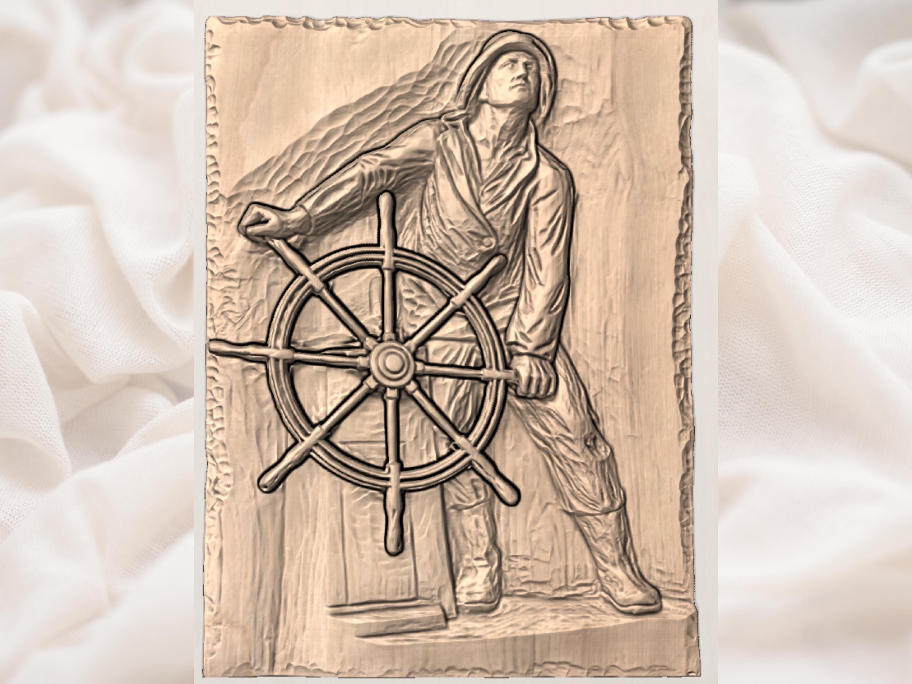 Gloucester Man at the Wheel Fisherman Helmsman Relief STL bas-relief STL — view 2