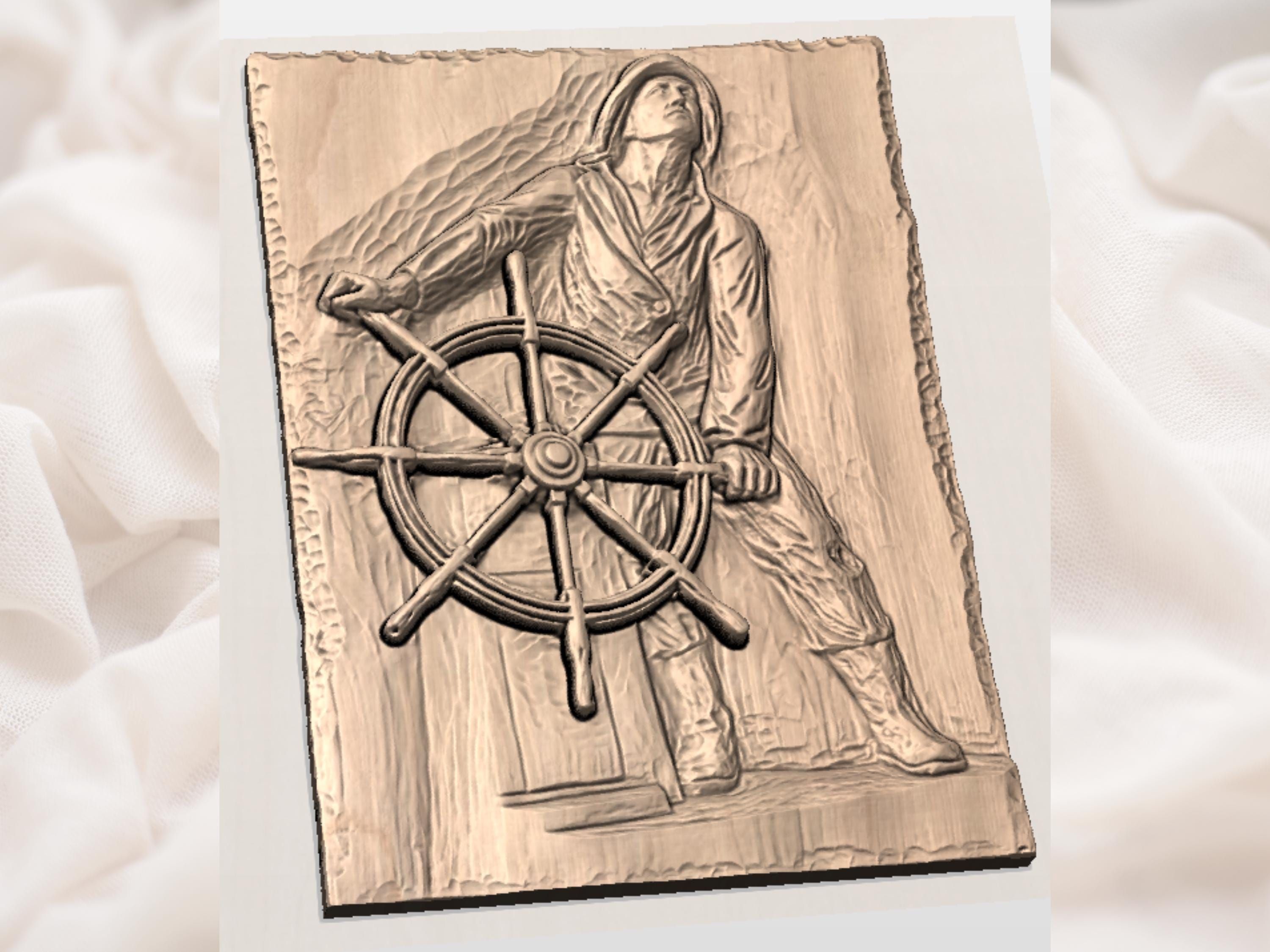 Gloucester Man at the Wheel Fisherman Helmsman Relief STL bas-relief STL — view 3