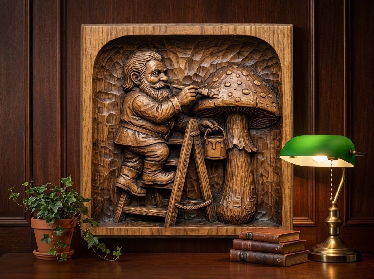 Gnome Painting Forest Mushroom CNC Relief STL bas-relief STL — view 13