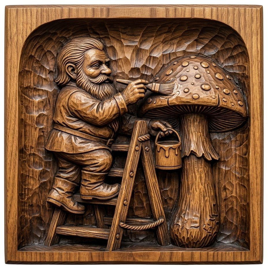 Gnome Painting Forest Mushroom CNC Relief STL bas-relief STL — view 4