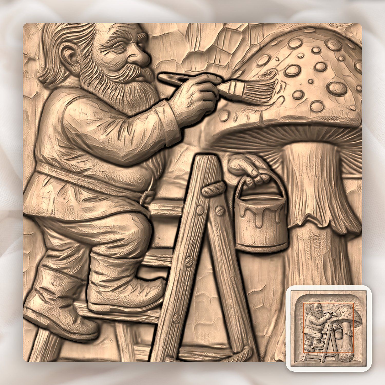 Gnome Painting Forest Mushroom CNC Relief STL bas-relief STL — view 7