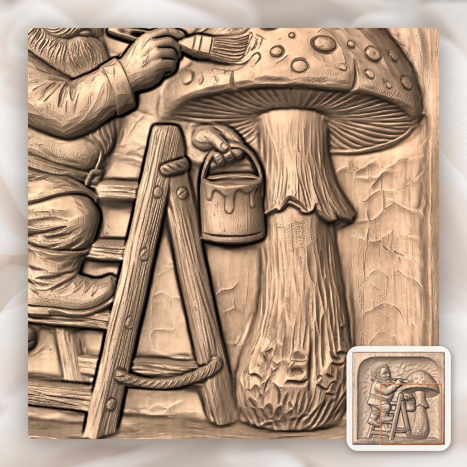 Gnome Painting Forest Mushroom CNC Relief STL bas-relief STL — view 9