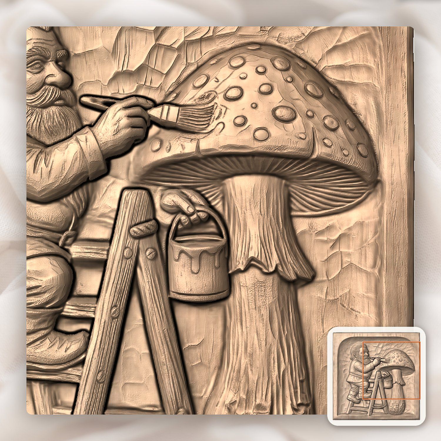 Gnome Painting Forest Mushroom CNC Relief STL bas-relief STL — view 10