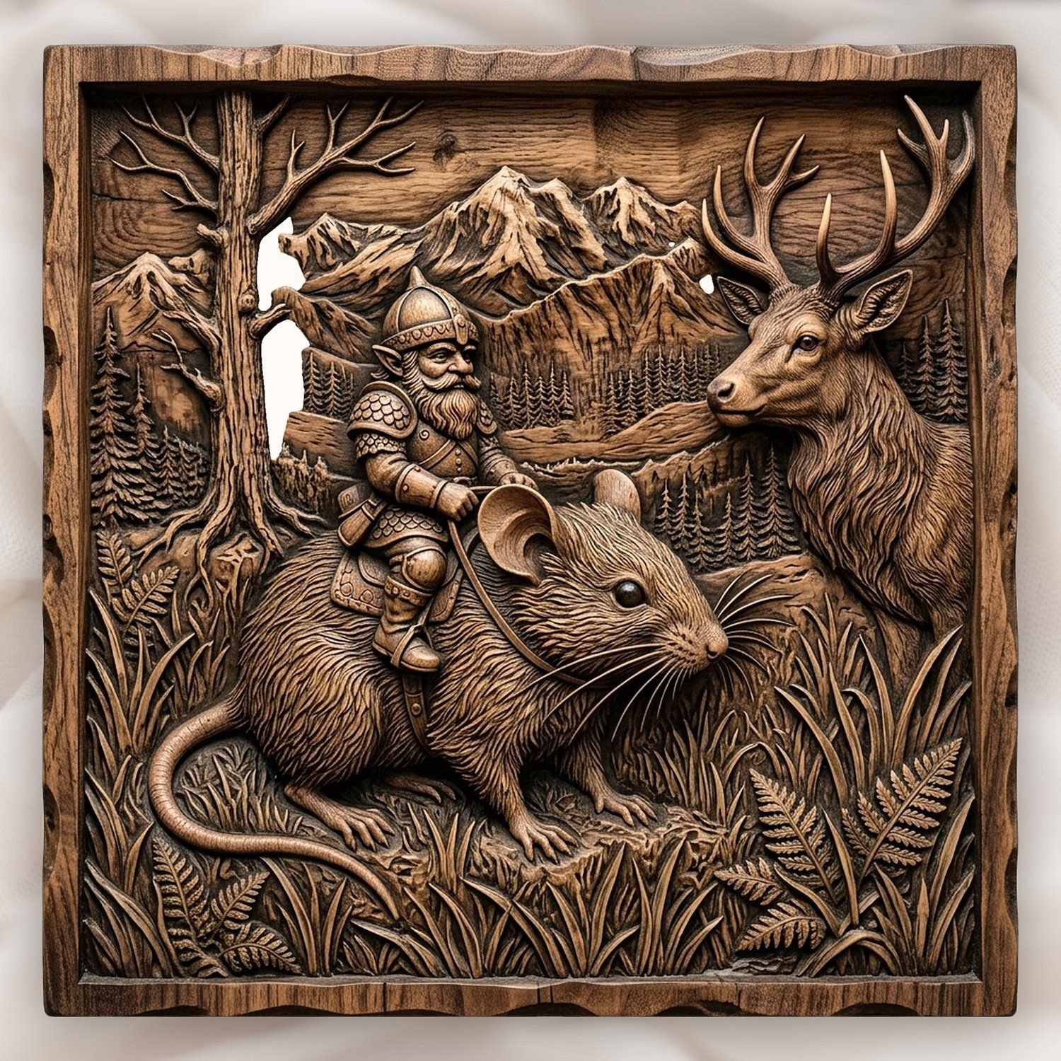 Gnome Riding Mouse Forest Adventure CNC Relief STL | Fantasy Wildlife Wall Art Panel | Rustic Cabin Wood Carving Design — carved bas relief STL file for CNC