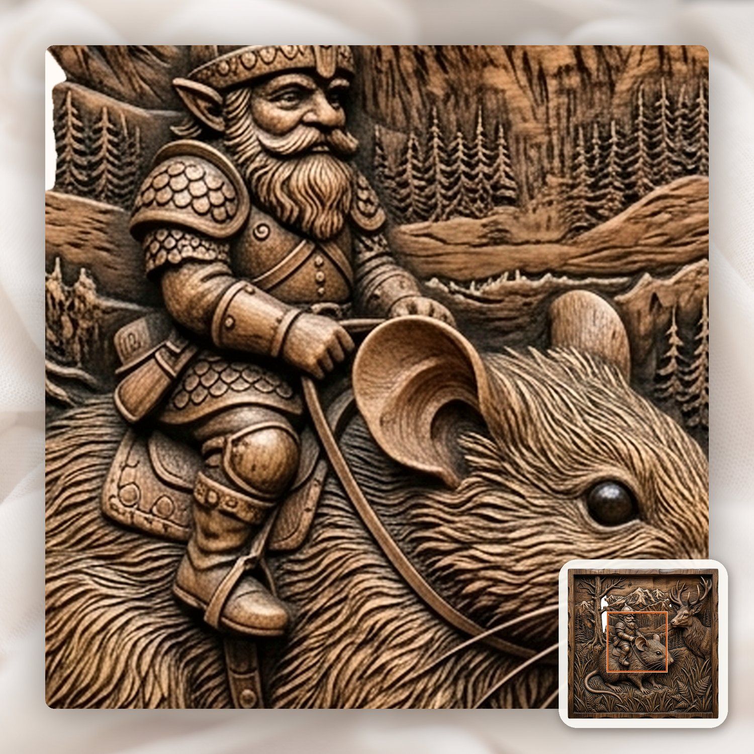 Gnome Riding Mouse Forest Adventure CNC Relief STL bas-relief STL — view 9