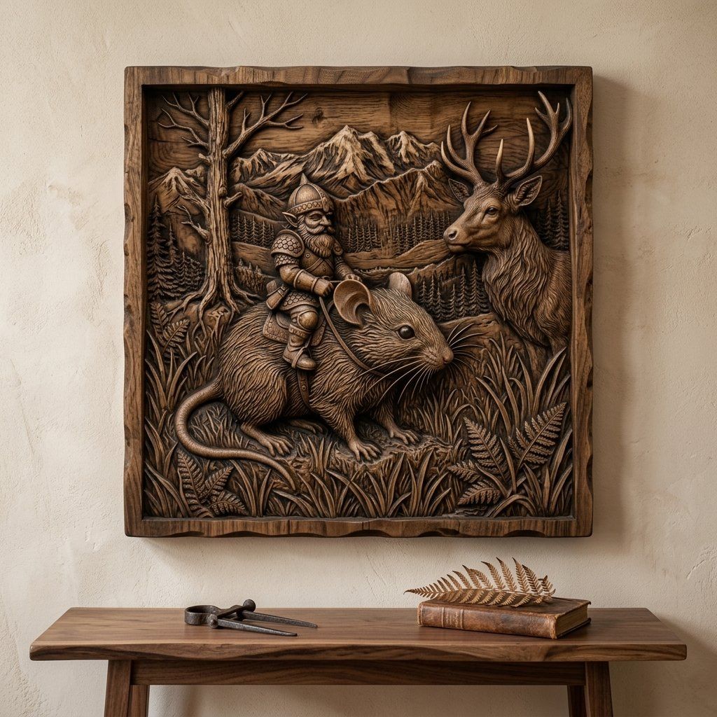 Gnome Riding Mouse Forest Adventure CNC Relief STL bas-relief STL — view 12