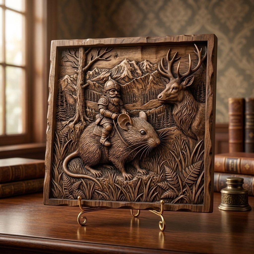 Gnome Riding Mouse Forest Adventure CNC Relief STL bas-relief STL — view 13