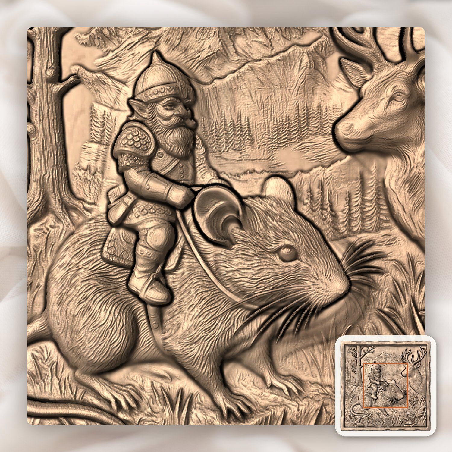 Gnome Riding Mouse Forest Adventure CNC Relief STL bas-relief STL — view 4