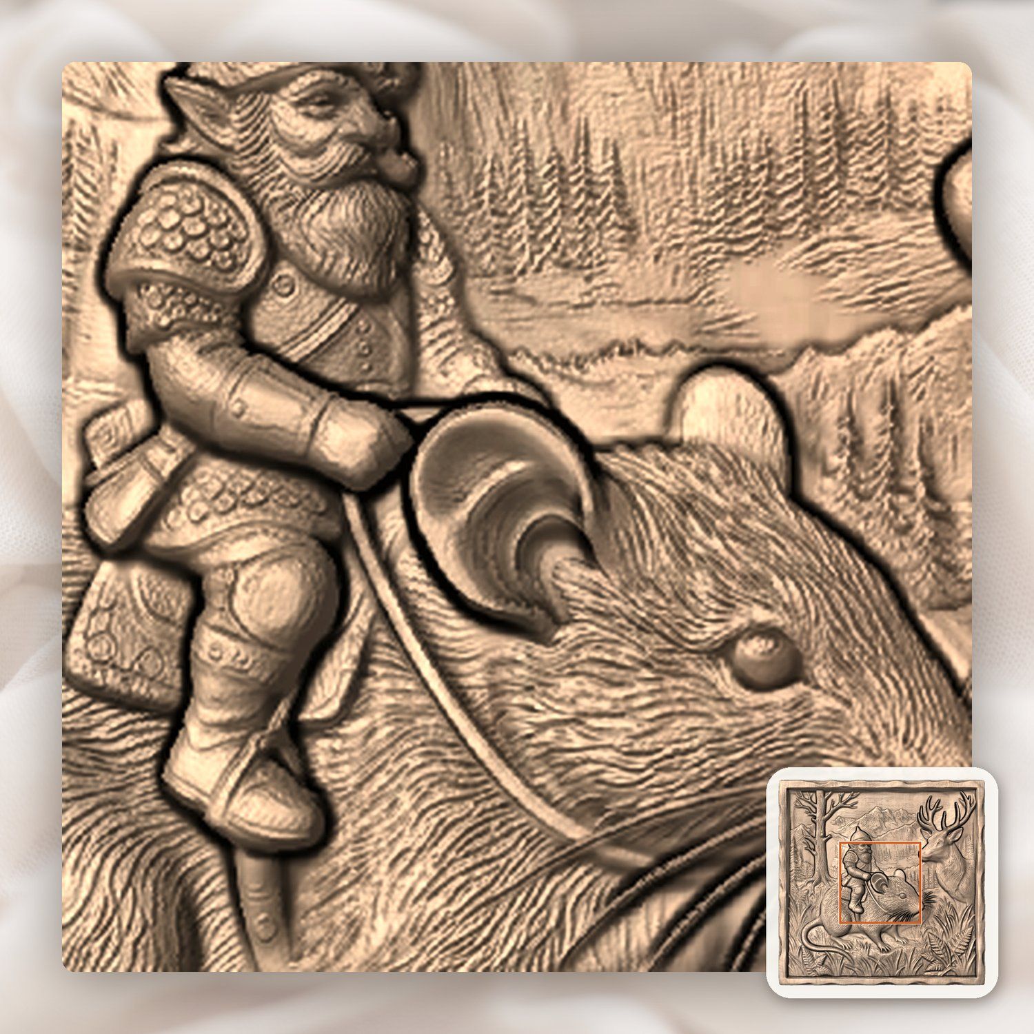 Gnome Riding Mouse Forest Adventure CNC Relief STL bas-relief STL — view 5
