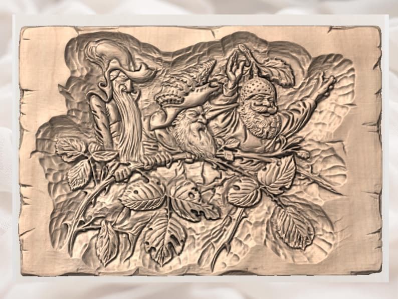 Three Forest Gnomes on a Leafy Branch Bas-Relief STL bas-relief STL — view 2
