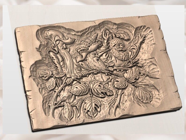 Three Forest Gnomes on a Leafy Branch Bas-Relief STL bas-relief STL — view 3
