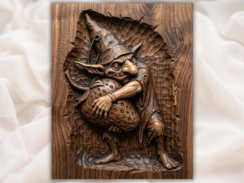 Carved wood relief of a crouching goblin with pointed ears hugging a large spotted mushroom