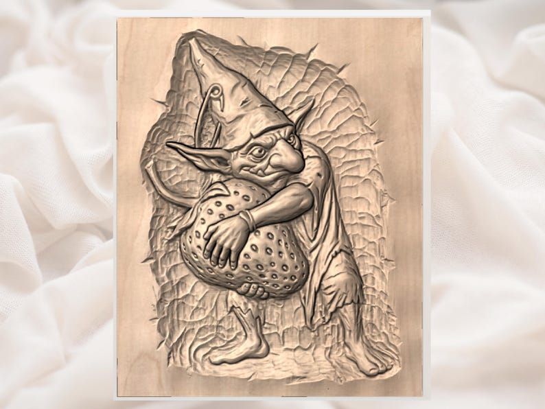 Crouching Goblin Hugging a Spotted Mushroom Relief STL bas-relief STL — view 2