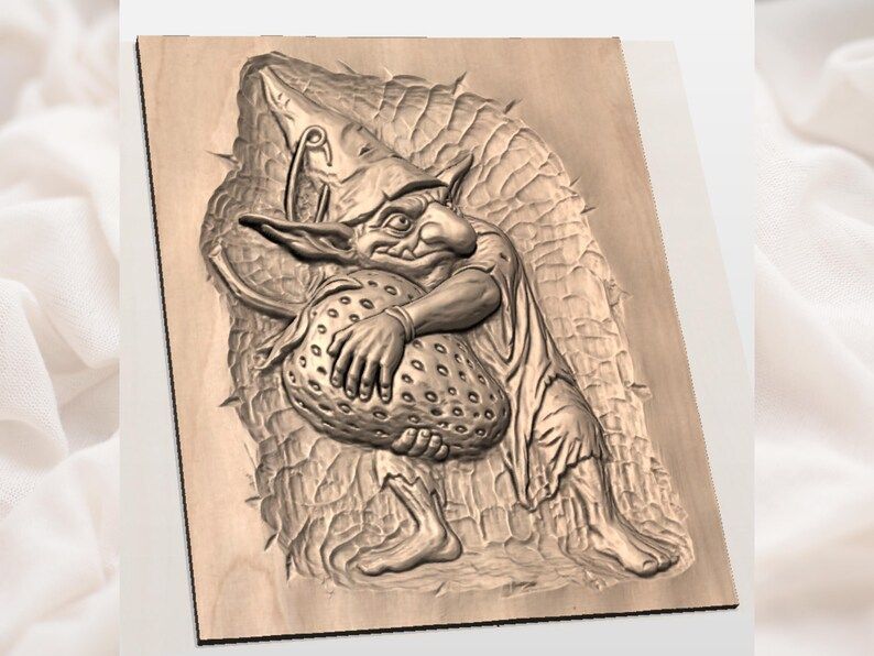 Crouching Goblin Hugging a Spotted Mushroom Relief STL bas-relief STL — view 3