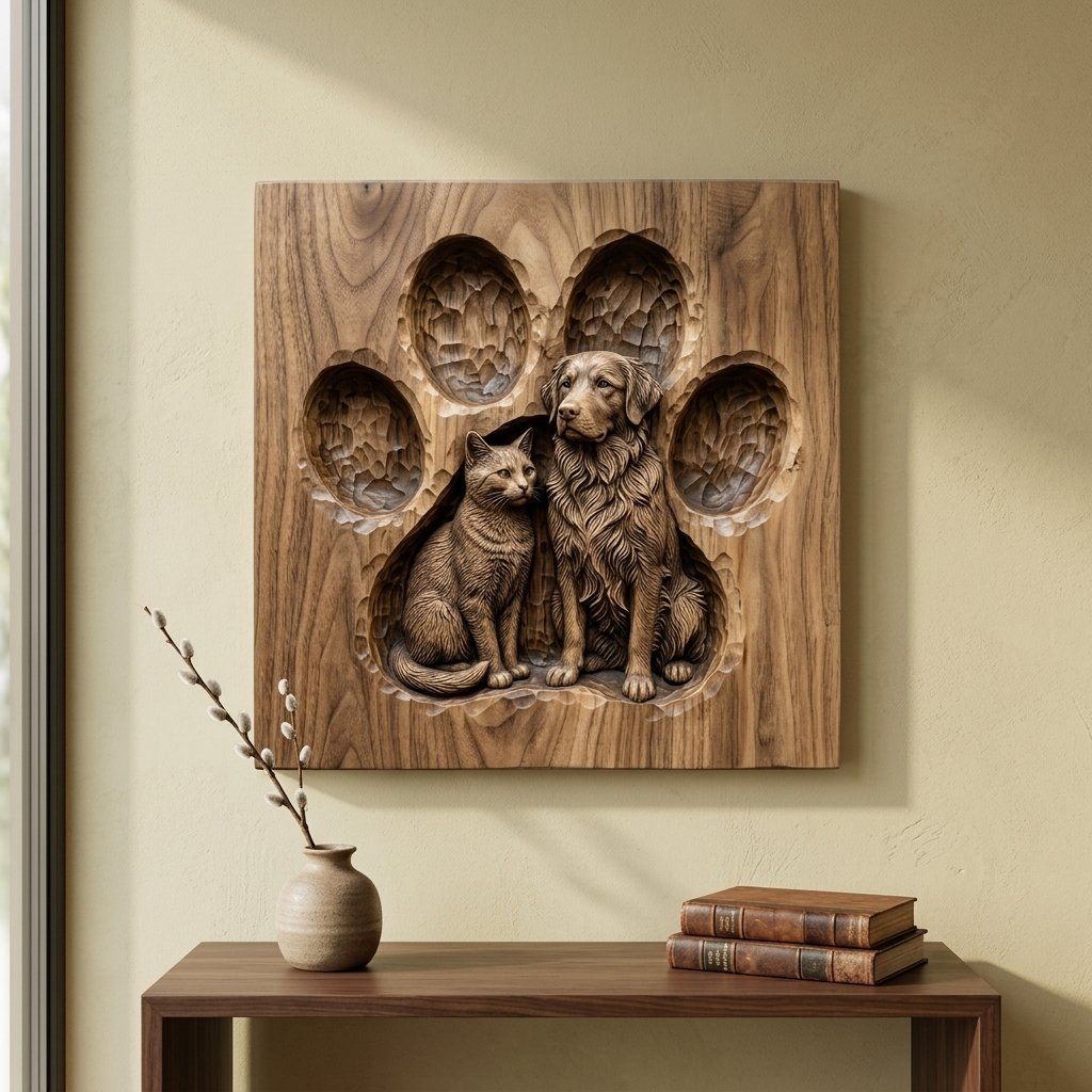 Golden Retriever and Cat Paw Print CNC Relief STL bas-relief STL — view 13